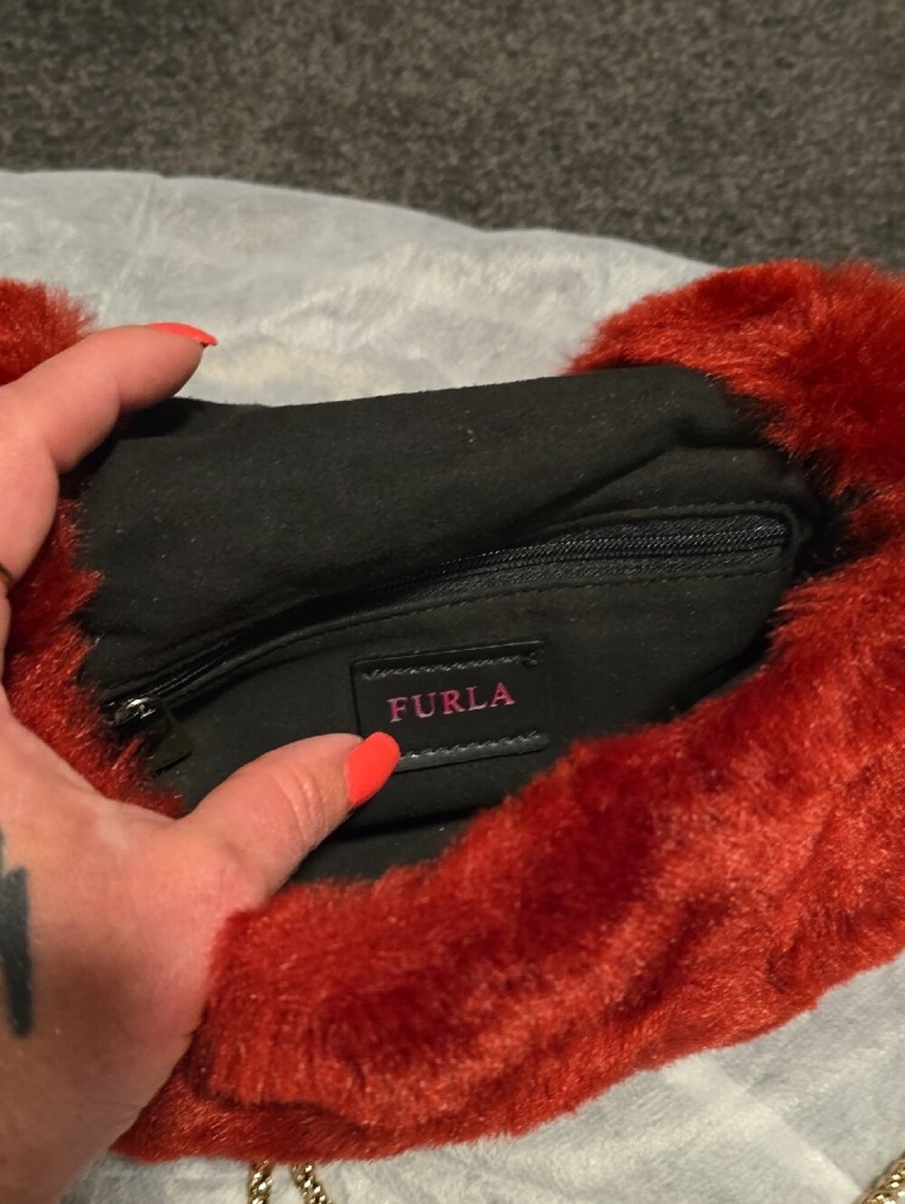 Furla Red Faux-Fur Crossbody with Gold Chain - Picture 3 of 9